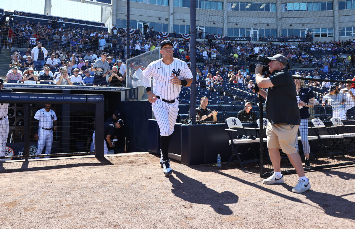 New York Yankees center fielder Aaron Judge (99) is introduced before the game against the Atlanta Braves at George M. Steinbrenner Field.